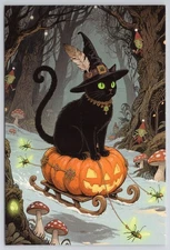 Halloween Black Cat on Pumpkin Sled with Elves Fantasy New 2025 Postcard UNP 4x6