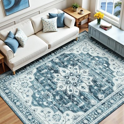 5x7 Coastal Blue White Area Rugs for Living Room - Vintage Boho Medallion Aes...