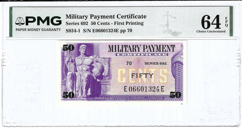 USA SERIES 692 First Print 50 CENTS MPC🪖MILITARY PAYMENT CERTIFICATE💎PMG 64EPQ