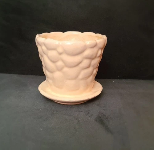 Vintage White Ceramic McCoy Pebble Design Planter with Attached Sauceer