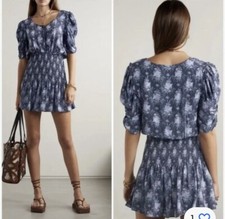 LoveShackFancy Brickell Blouson Mini Dress Womens Smocked Floral Blue XS