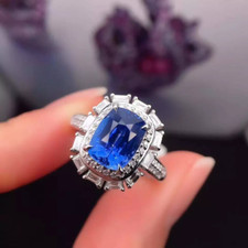 Gorgeous Royal Blue Cushion Cut 2.54CT Sapphire  Multi Cut CZ Cluster Fine Ring