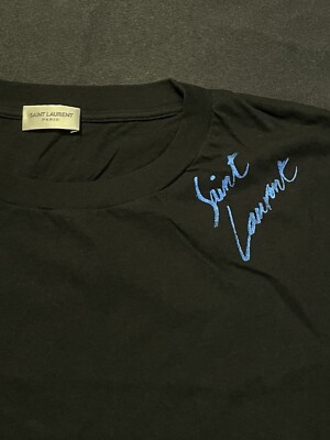 SAINT LAURENT BLACK TSHIRT YVES BLUE METALLIC SCRIPT MEN S SMALL 