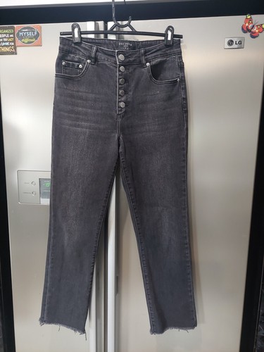 DECJUBA 12 black Grey denim button Front fly straight leg raw hem jeans STRETCH - Picture 7 of 8