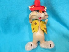 VINTAGE JAPAN LEATHER STUFFED ANIMAL CAT WITH RED HAT YELLOW VEST