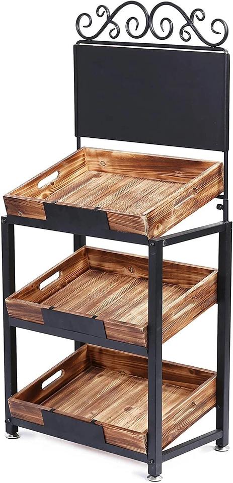 Soporte de producción MyGift vintage de metal y madera quemada de 3 niveles con letrero de pizarra Foto 3 de 4