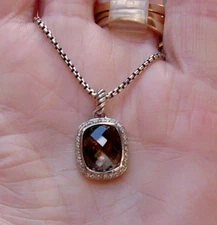Retired David Yurman Noblesse Smoky Quartz & Diamond Pendant w/ DY Chain - 925