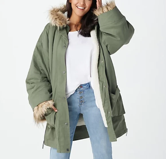 Peace Love World - Oversized Sherpa Lined Coat - Olive Green