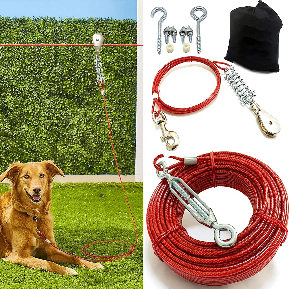 Heavy Duty Aerial Dog Tie Out Trolley System Dog Run Cable 100Ft