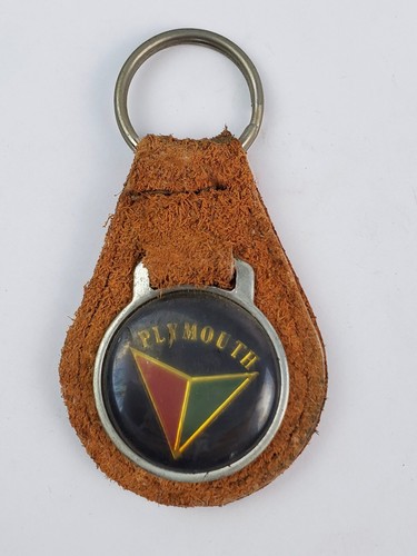 Vintage Plymouth Automobile Triangle logo brown leather keychain