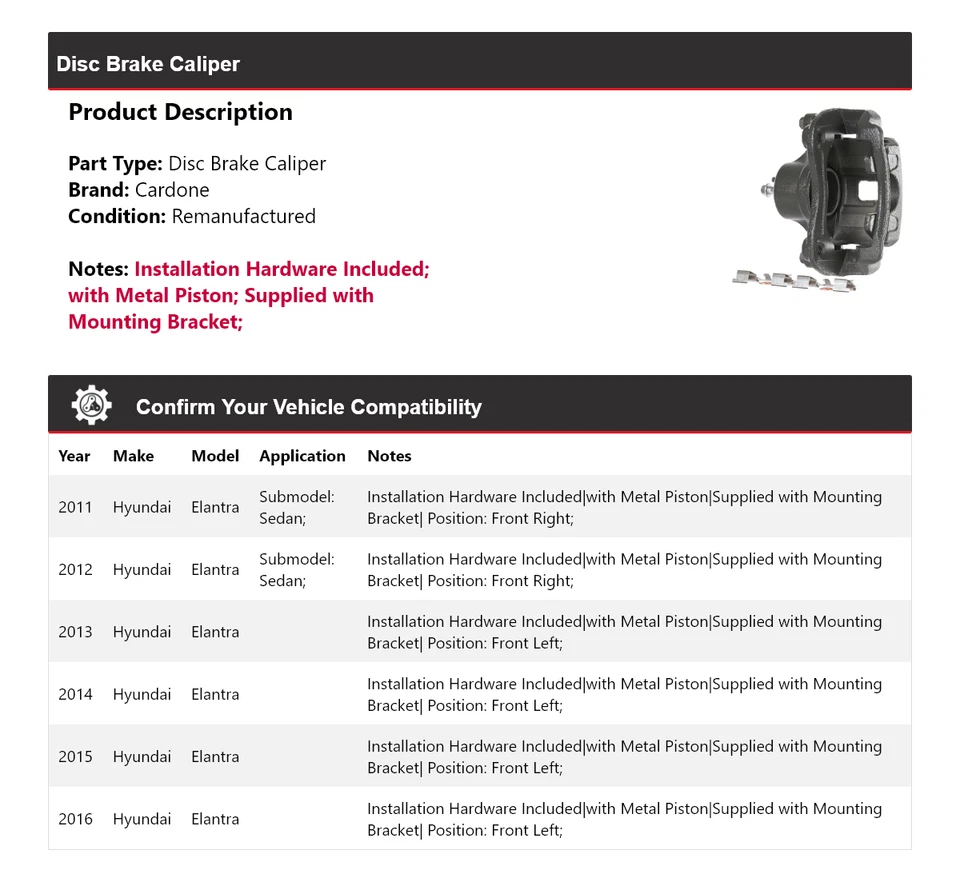 Pinça de freio a disco Cardone 2012 2013 2014 2015 para 2011-2016 Hyundai Elantra - Imagem 2 de 4