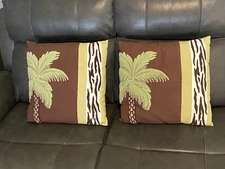 2 Designer Vintage Embroidered Linen Palm Trees 16”x 16” Throw Pillows