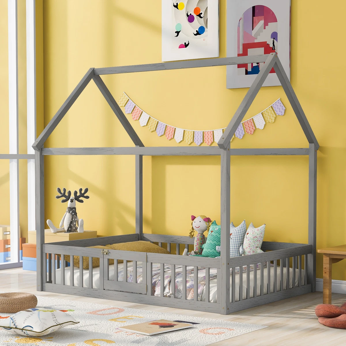 House Bed for Kids Wooden Floor Beds Frame with Fence and Door