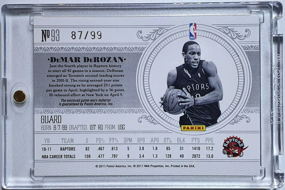 2011 National Treasures DeMar DeRozan #НАШИВКА /99 Игровой Ношенный Джерсет - Редкий - Изображение 3 из 3