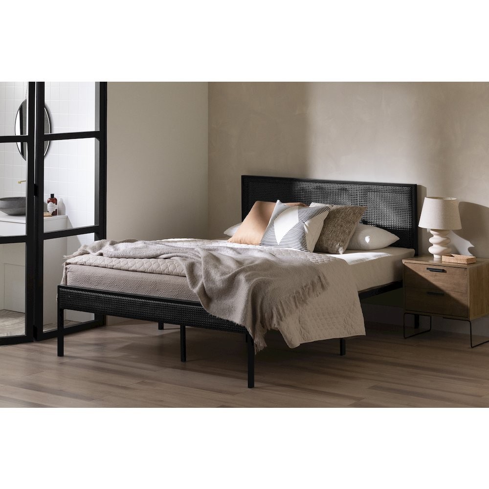Hoya Metal Platform Bed with Natural Cane, Pure Black