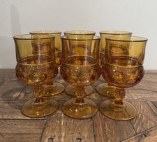 6 Vintage Mid-Century Collectible Amber / Gold King's Crown Pattern Glass Goblet