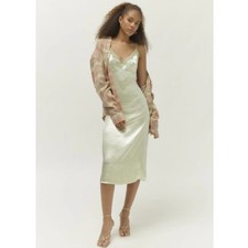 Urban Outfitters Chloe Satin Slip Dress Green Lace Trim Large