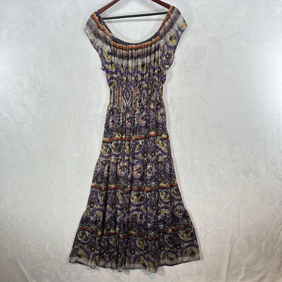 Vintage Tiana B Dress Women 4 Purple Pleated Smocked Babydoll Kaleidoscope Print - Image 3 of 4