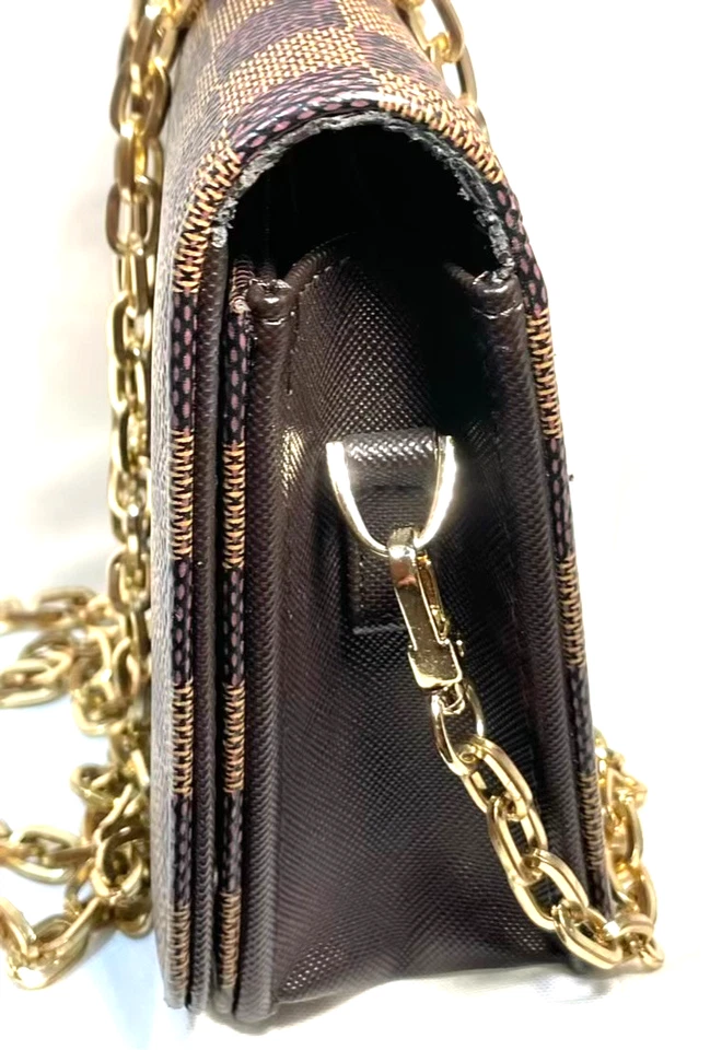 Bolso de hombro marrón a cuadros Daisy Rose cartera sin asas cadena dorada magnética 5x8" Foto 3 de 4