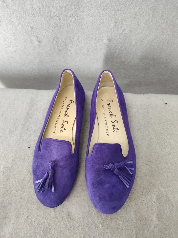 法国鞋底女式乐福鞋 36 紫色麂皮绒流苏懒人平底西班牙鞋 US5 — 第 3/4 张图片