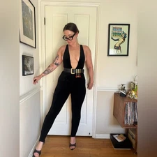 90s Vintage DKNY Deep Cut Black Velvet Catsuit w Stirrups Sz Sm