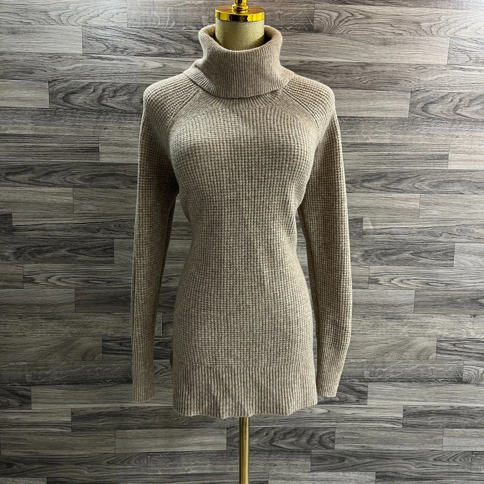 LOFT Turtleneck Pullover Tan Wool Blend Waffle Knit Sweater Women's Size Small - Image 2 of 4