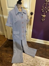 Vintage 70s Leisure Pant Suit Women  s Blue White Polyester L 42  Chest