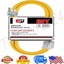 3 Ft Lighted Extension Cord - 12/3 SJTW Heavy Duty Yellow Extension Cable