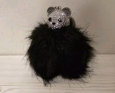 BEJEWELED RHINESTONE SILVER TEDDY BEAR BLACK FAUX FUR POM PURSE CHARM KEYCHAIN