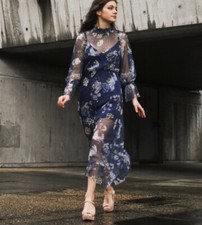 Asos Navy Blue swan floral polka dot mesh full length long dress Small