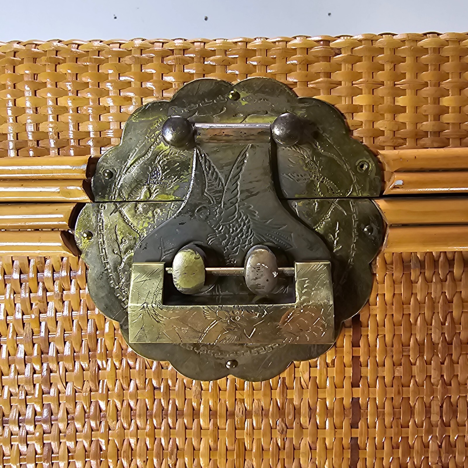 Vintage Wicker & Brass Chinoiserie Chest Trunk From Hong Kong 20"L x 20"W x 21"H