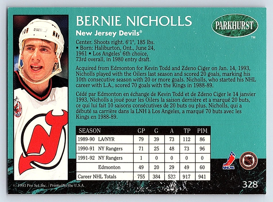 1992-93 Parkhurst #328 Bernie Nicholls New Jersey Devils - Image 2 of 2