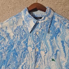 Vintage Burberry London Men's Blue Geometric Button Up Shirt Made In UK Large