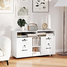 File Cabinet 4 Drawer Mobile Lateral Storage with Lock Wheels Home Office White