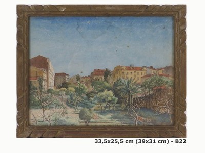Tableau Ancienne Vue de Un Pays De France Peinture Signé Cadre Bois B22