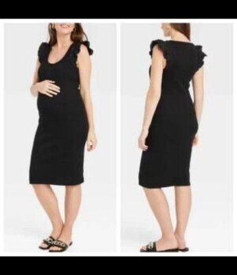 The Nines by Hatch Flutter Sleeve Ribbed Jersey Maternity Dress XS BLACK midi