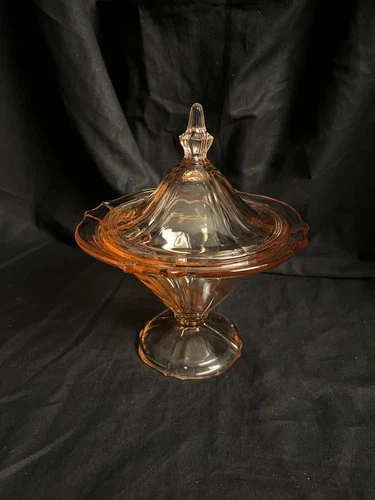 Vintage Pink Depression Glass Bowl With Lid Footed Candy Dish 7” x 8”