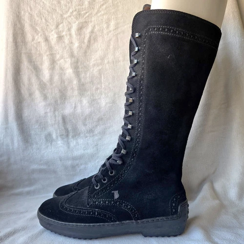 TOD’S Stivali donna Tod's alti al ginocchio scamosciati a coda di rondine brogue stringati neri taglia 38 US 8