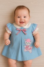 Catton Candy Vtg 1960's Blue / Pink Baby Dress , Kitty Cat , Bow, Ruffle Sleeves