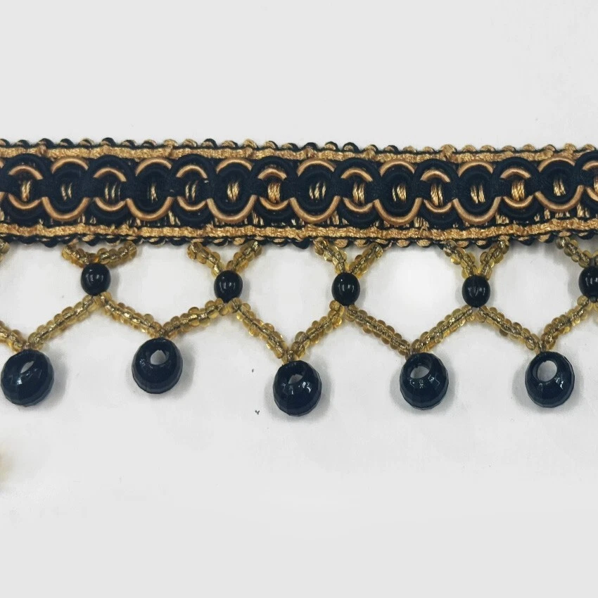 Черный / золотой цвет бисером отделки 2» падение драпировки / обивка на ярд - Изображение 3 из 3