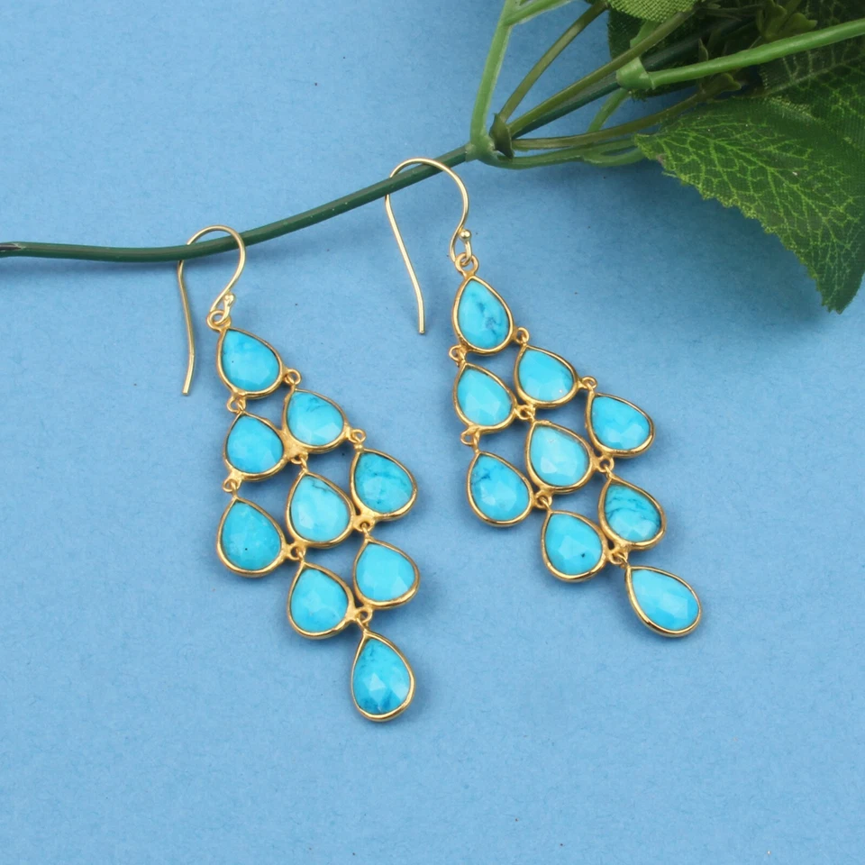 Pendientes araña de boda de plata 925 enchapados en oro de 18 quilates con piedras preciosas de turquesa Foto 2 de 4