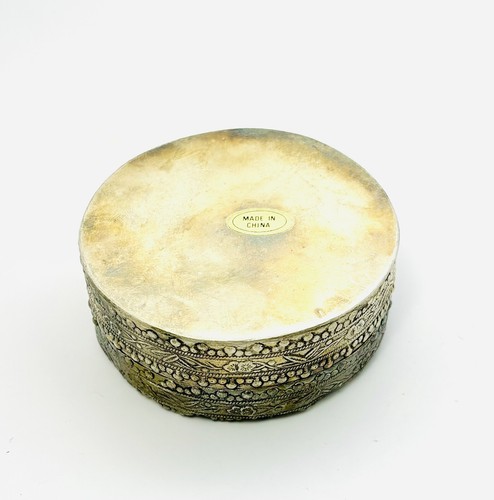Vintage Silver Plated Chinese Swirl Carved on Burnt Jade Jewelry Box Has Mirror - Picture 6 of 9