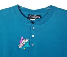 Vtg Disney Parks Snow White Dopey Dwarf Embroidered Henley T Shirt L XL Teal