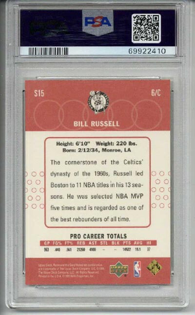 1999 UPPER DECK RETRO OLD SCHOOL NEW SCHOOL #S15 BILL RUSSELL PSA 10 LOW POP view 2