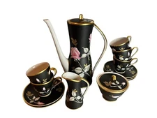 French Vieux Old Paris Porcelain Rare Tea Set Black Satin Rose 13 pc Sugar Cream