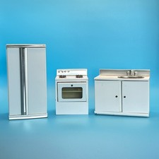 Vintage Dollhouse Kitchen Set Refrigerator Stove Sink w/ Mini Food Wood MCM