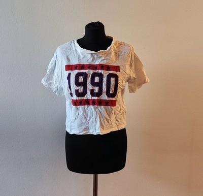 Trendy bauchfreies T-Shirt Crop Top Oberteil weiß 1990-Print H&M Divided M/38