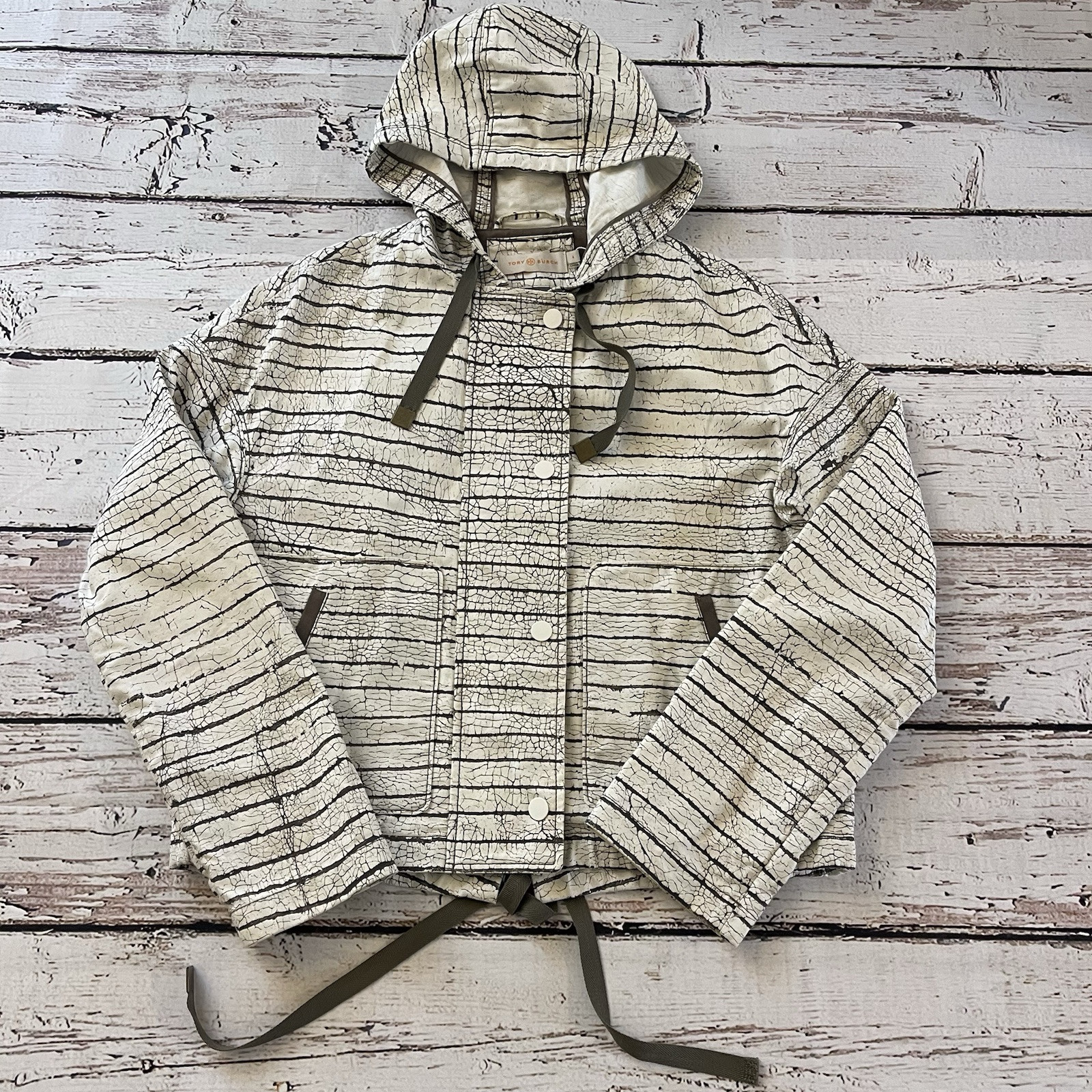 Tory Burch Piece & Co Nadia Hooded Crop Jacket Olive White Size 4 Women’s