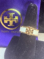 Tory Burch Kira Ring White Enamel Gold Logo Size 8 Authentic New w Tag Dust Bag