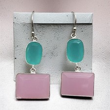 925 Sterling Silver Handmade Drop Earrings, Aqua & Pink Chalcedony Teardrop Hook